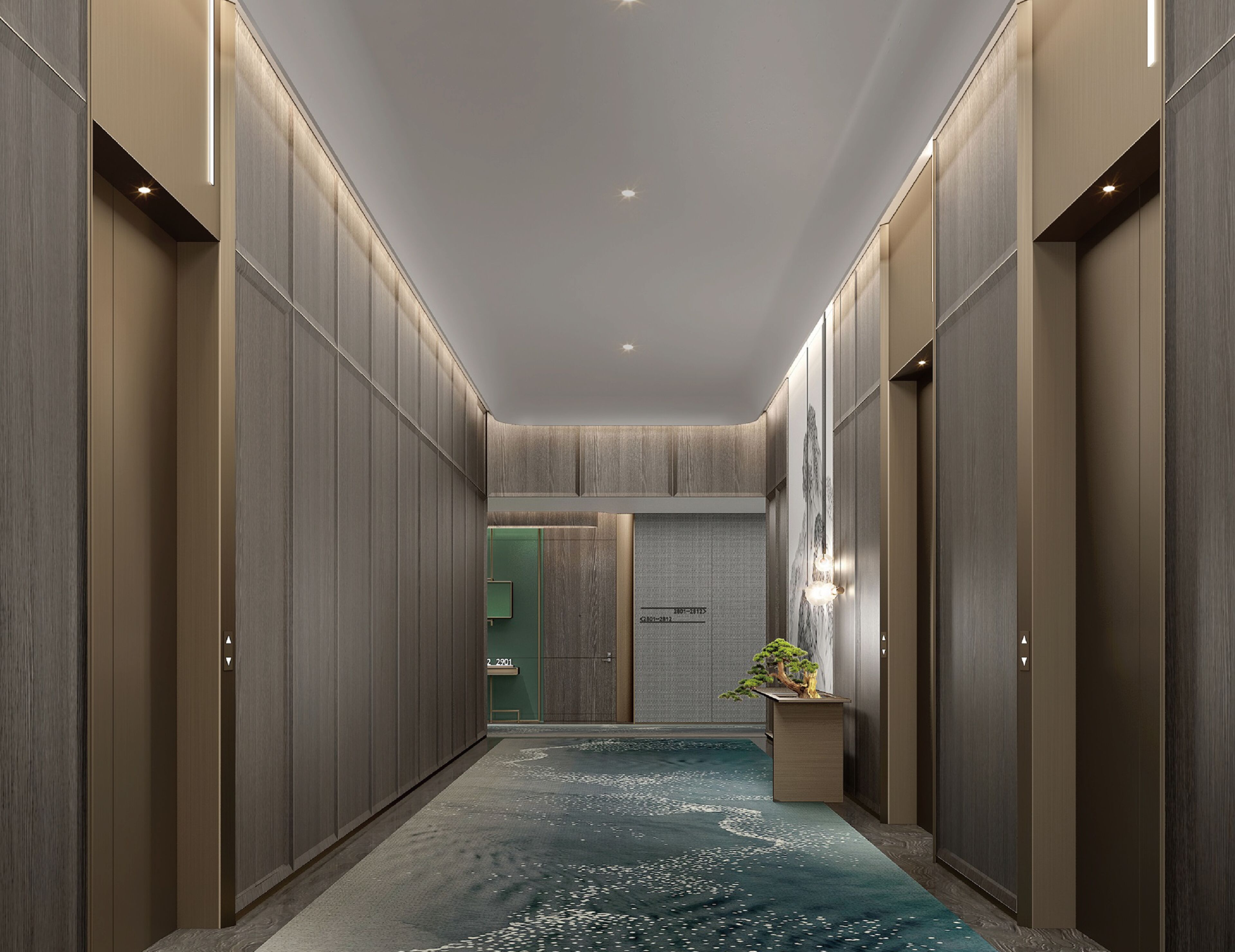 A hallway with wooden paneling, a green door, and a small plant.