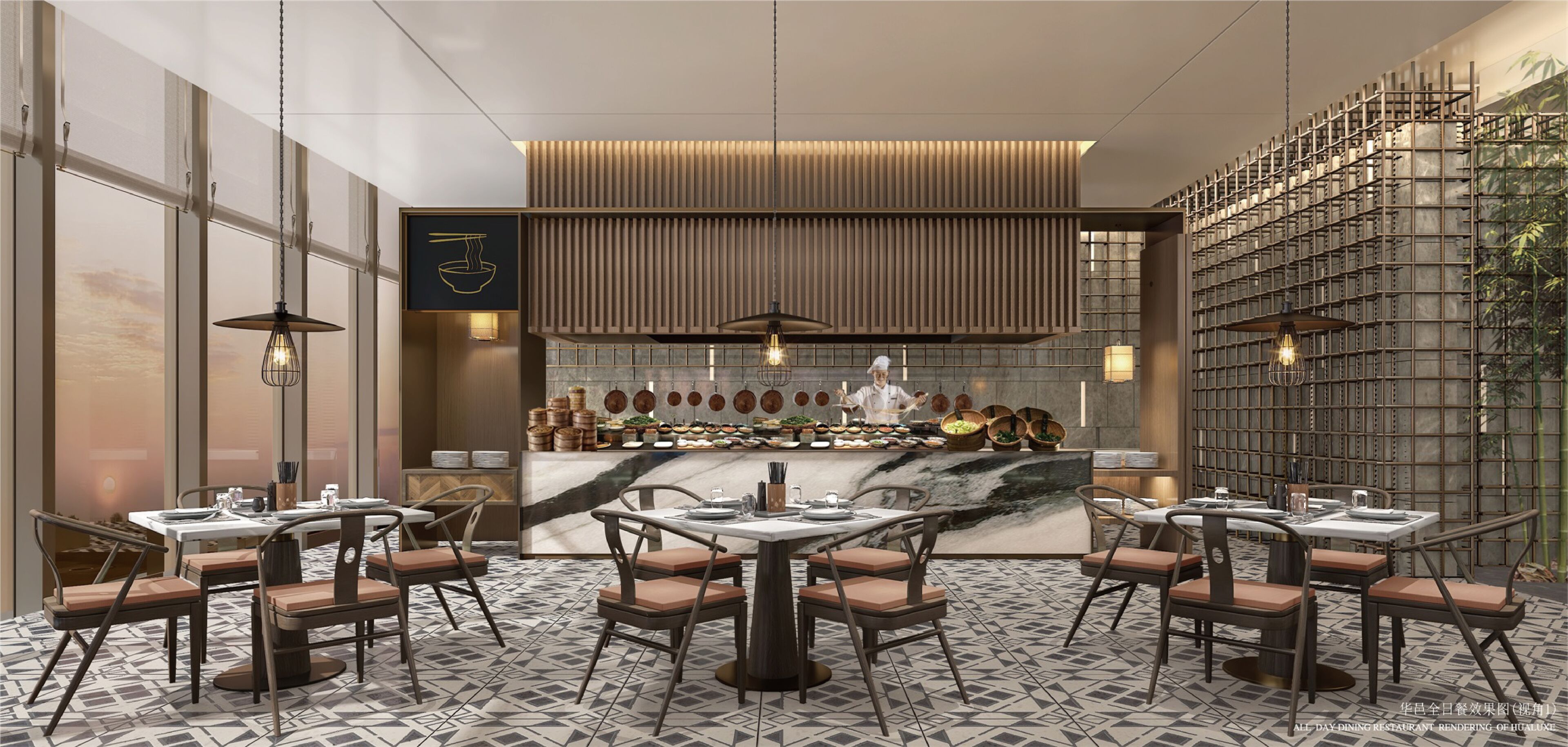 A modern restaurant interior with a central bar, multiple dining tables, and chairs.