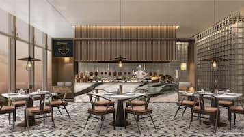 A modern restaurant interior with a central bar, multiple dining tables, and chairs.
