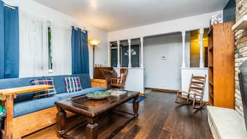 Een smart-tv, een open haard, een dvd-speler en boeken