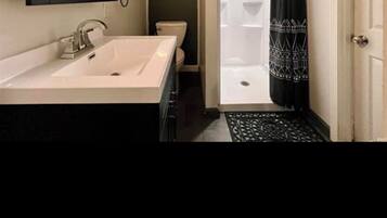Combined shower/bathtub, jetted bath, hair dryer, towels