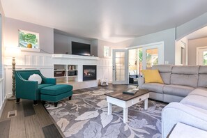 Smart TV, fireplace, books