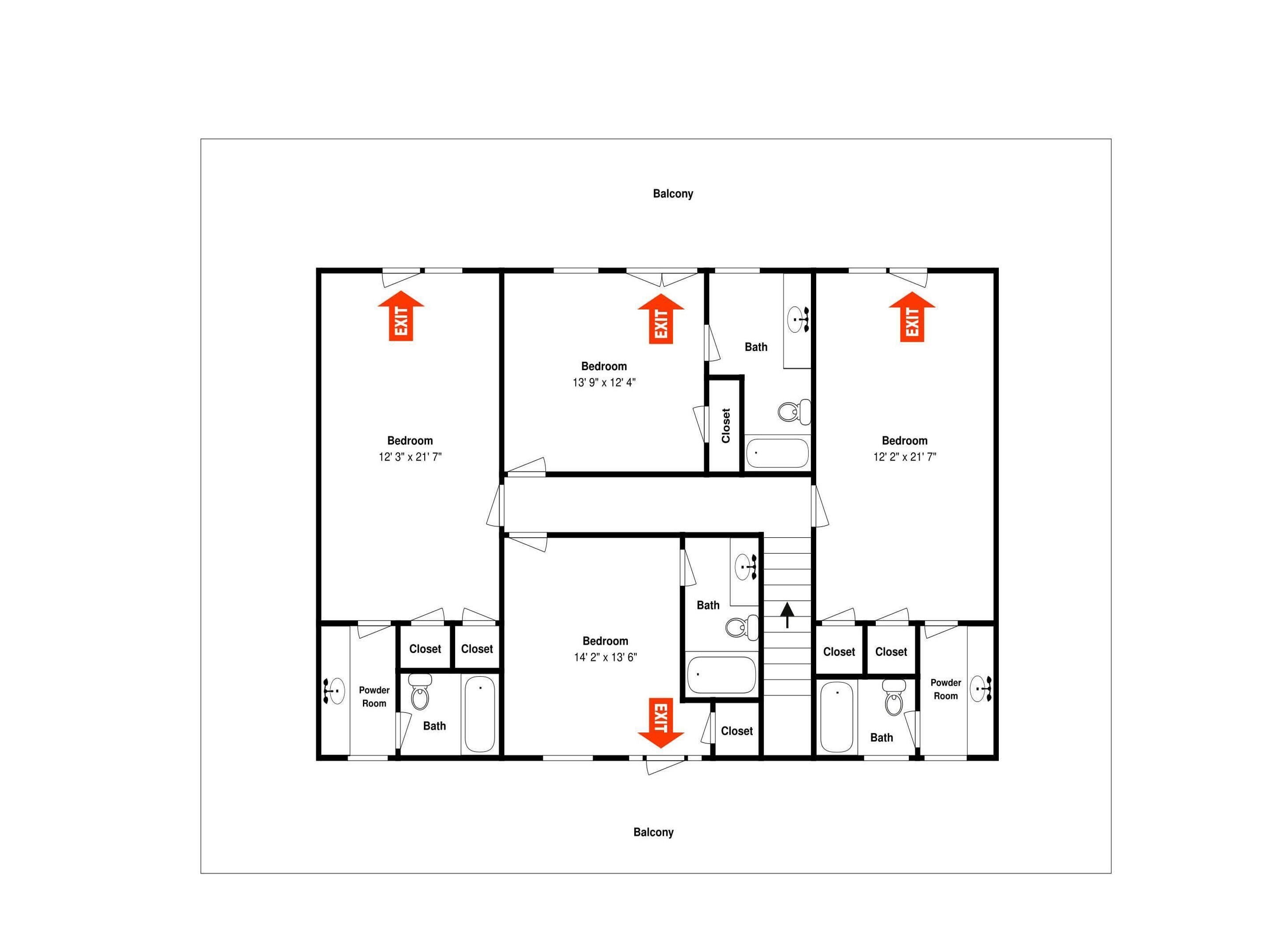 Un plan d’étage d’un hôtel comprenant plusieurs chambres, salles de bains, placards et un petit cabinet de toilette.