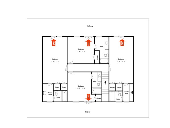 Plano de planta de un hotel que muestra varias habitaciones, baños, armarios y un aseo.