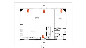 Plano de planta de un hotel con habitaciones identificadas, que incluyen sala de estar, cocina, dormitorio y baño.