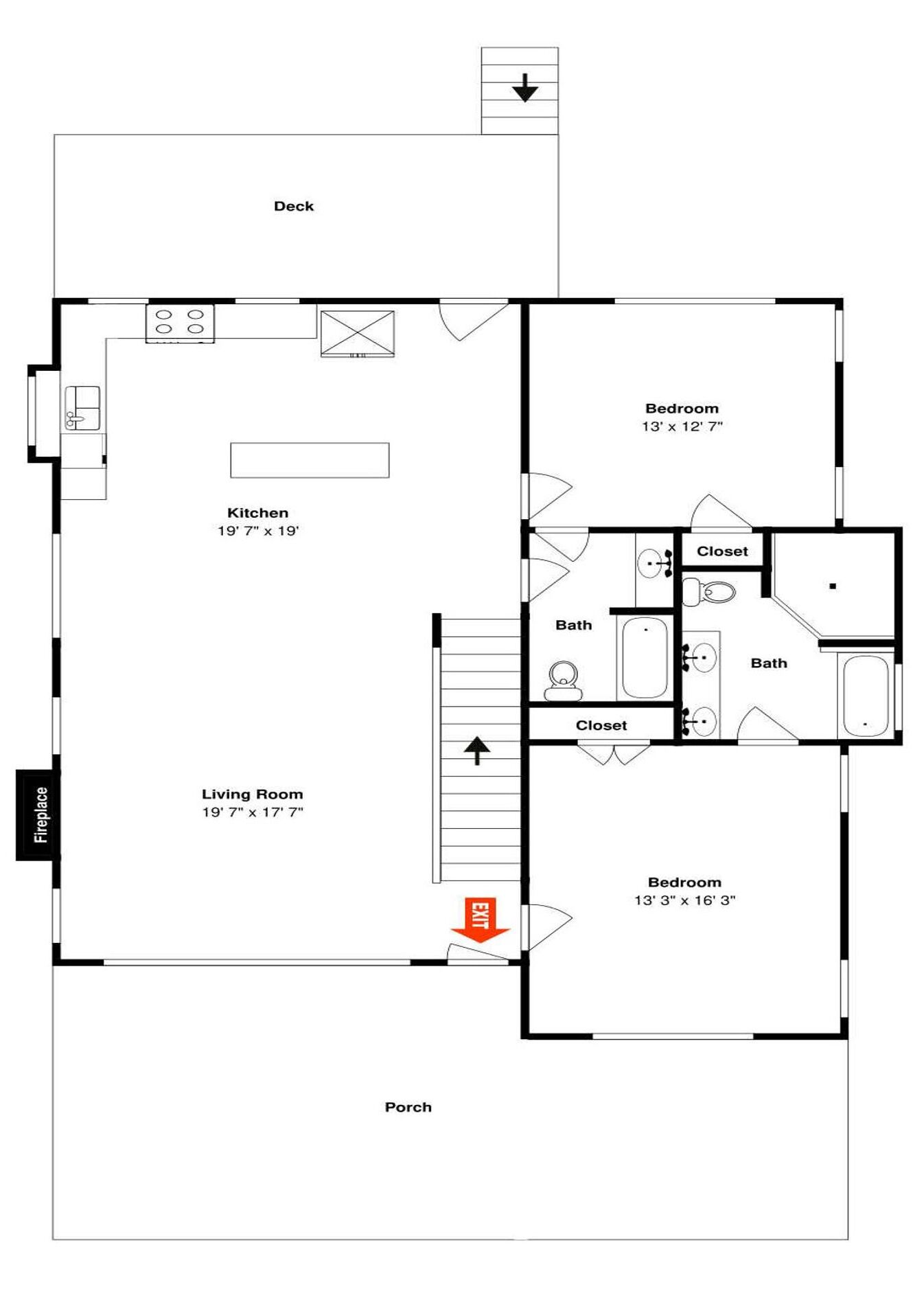 A floor plan with a kitchen, two bedrooms, a living room, a bathroom, a closet, and a porch.
