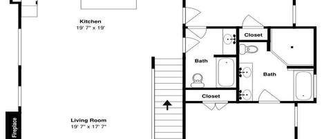 A floor plan with a kitchen, two bedrooms, a living room, a bathroom, a closet, and a porch.