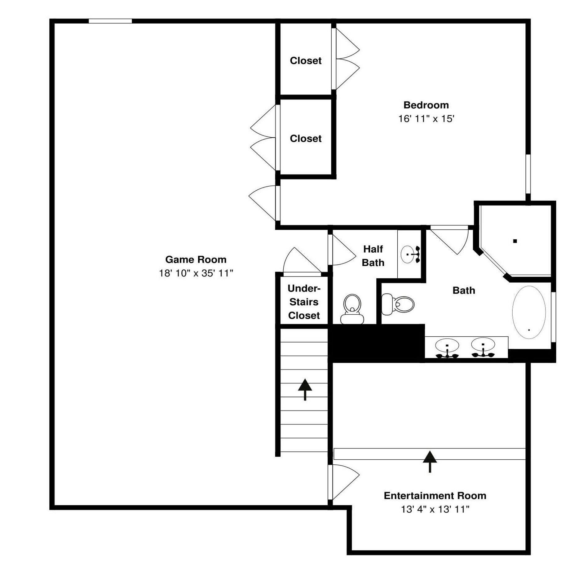 A floor plan with a bedroom, game room, bathroom, and entertainment room.