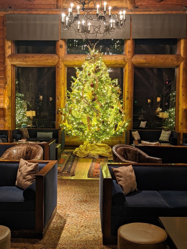 A cozy room with a large Christmas tree, wooden walls, and comfortable seating.