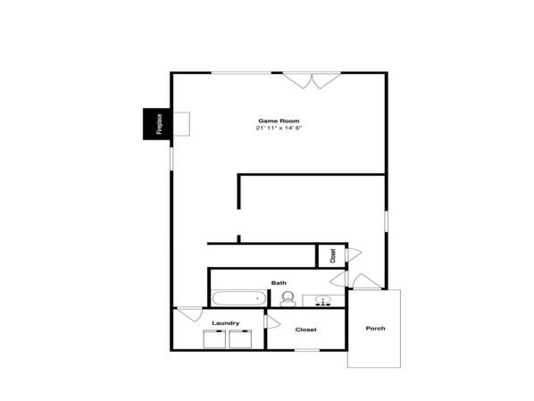 A floor plan with a game room measuring 21' 11" x 14' 6", a bathroom, a laundry area, a closet, and a porch. - Twisted Pines by Smoky Cove Resort (Sevierville)