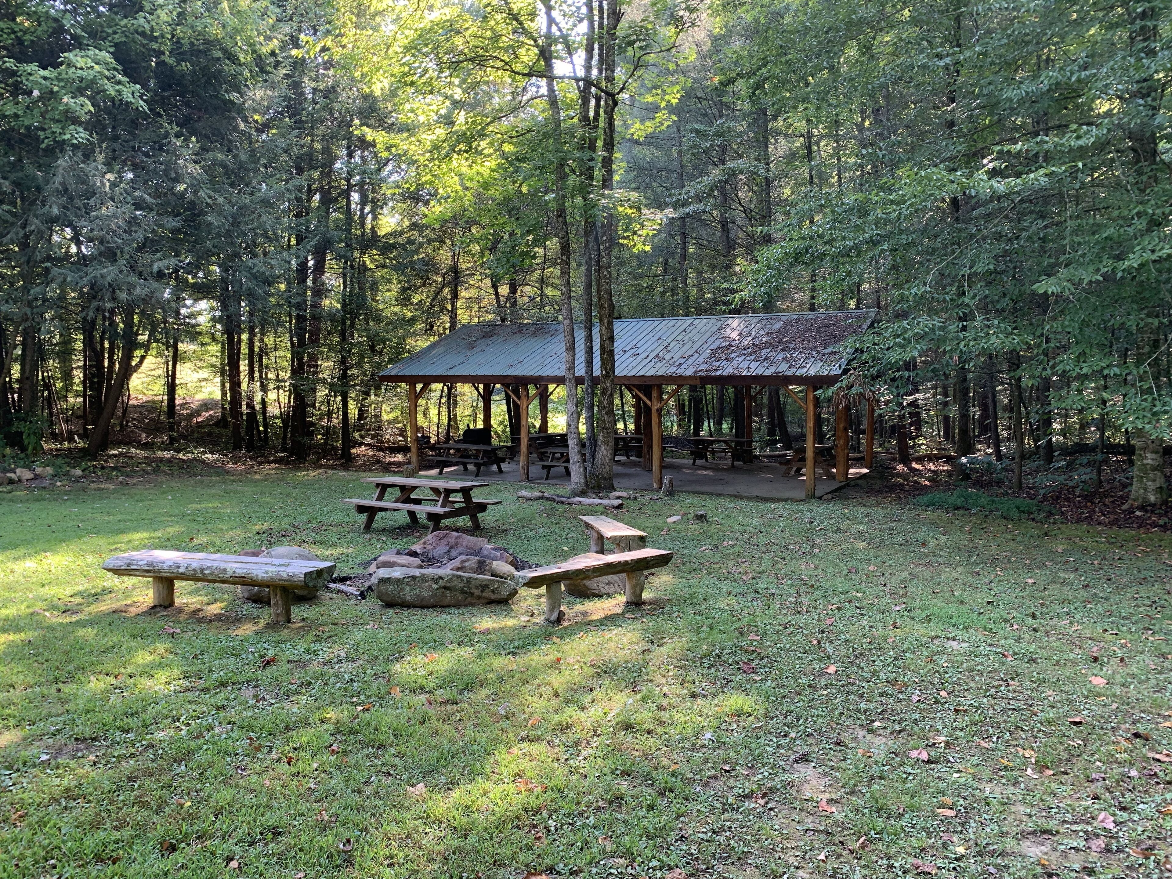 A rustic wooden pavilion with picnic tables and benches in a forested area.