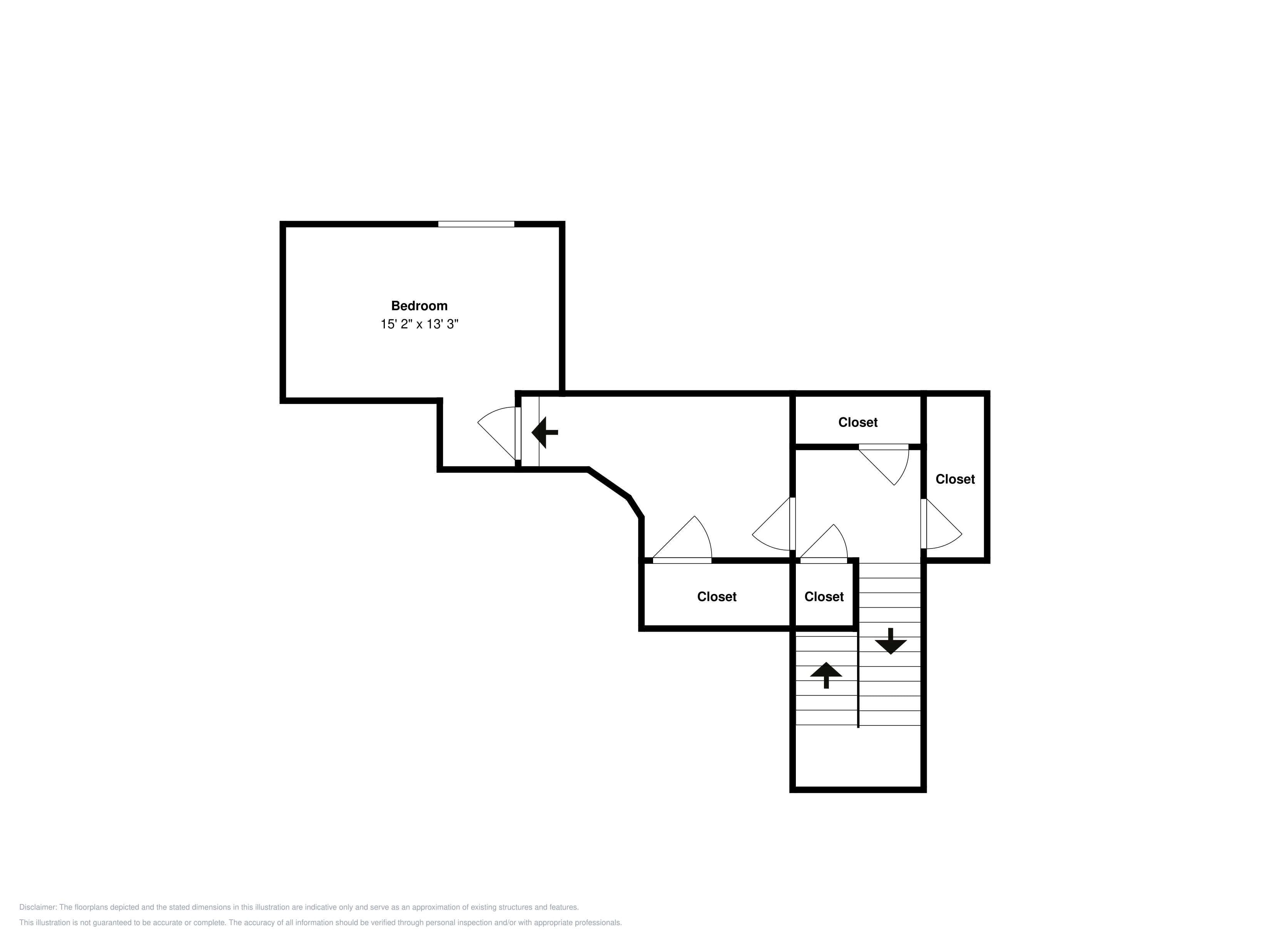 A floor plan with a bedroom measuring 15'2' x 13'3', two closets, and a staircase.