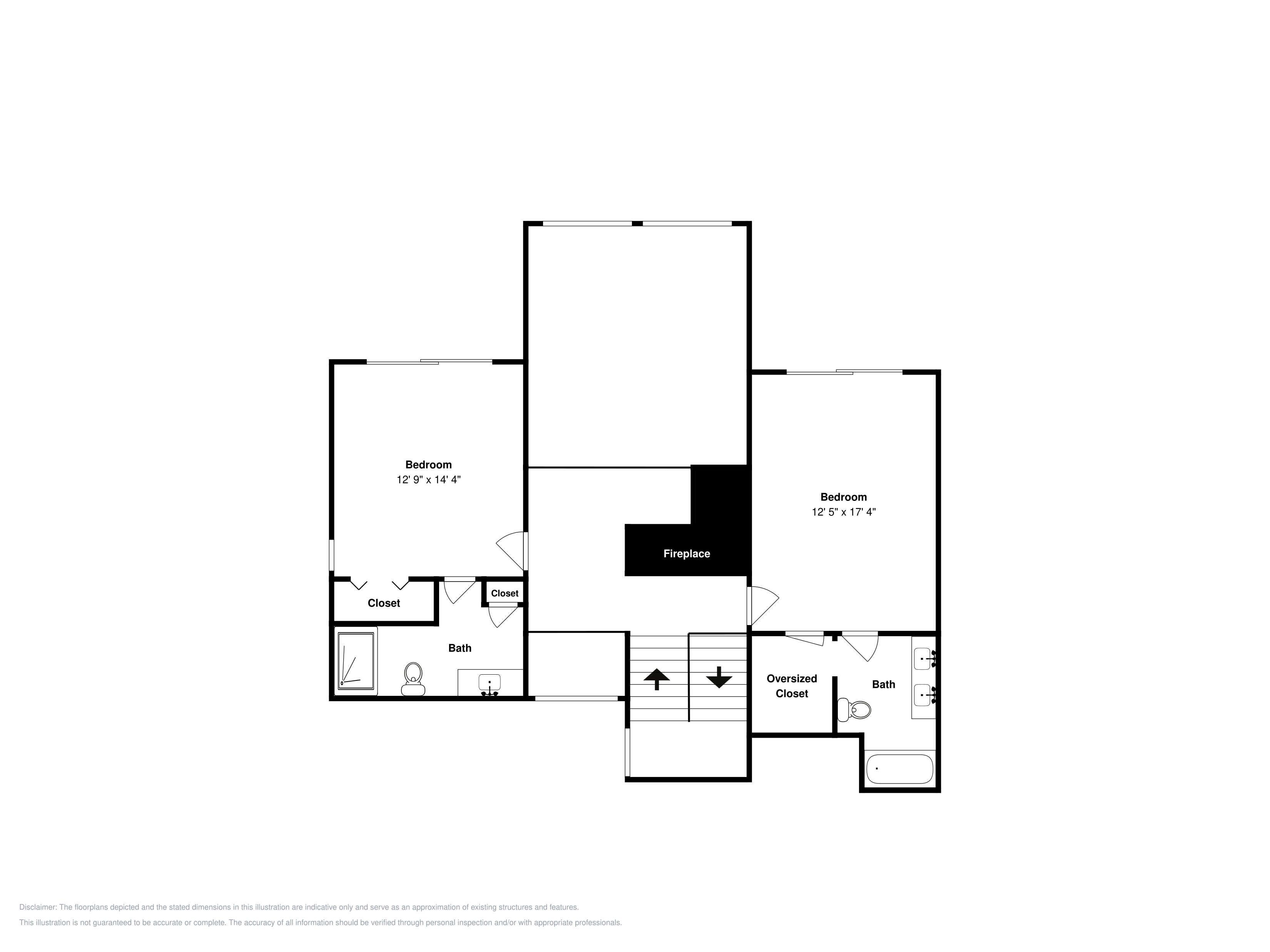 A floor plan with two bedrooms, a fireplace, a closet, a bath, and an oversized closet.