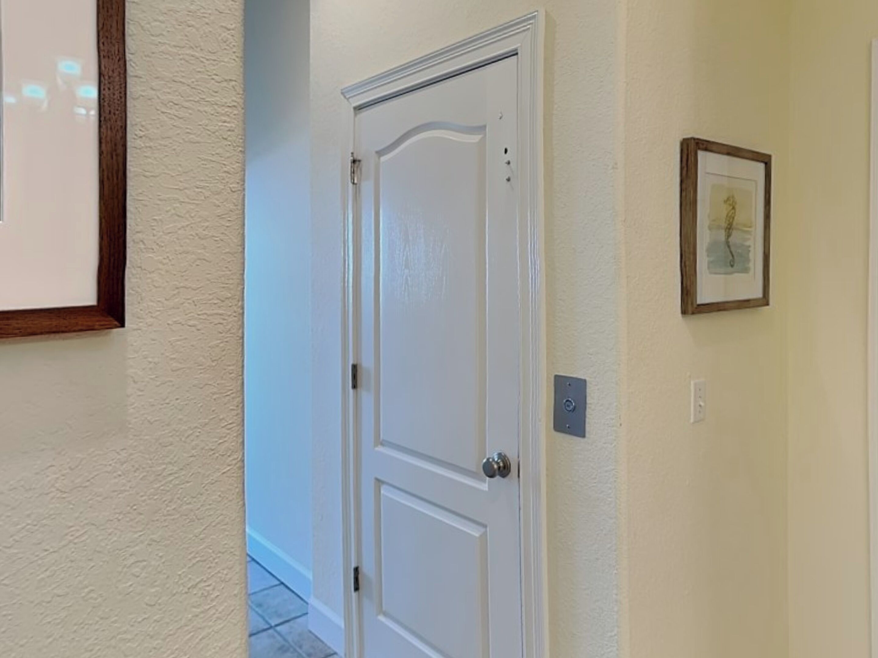 A hallway with a white door, a framed picture on the wall, and a light switch.