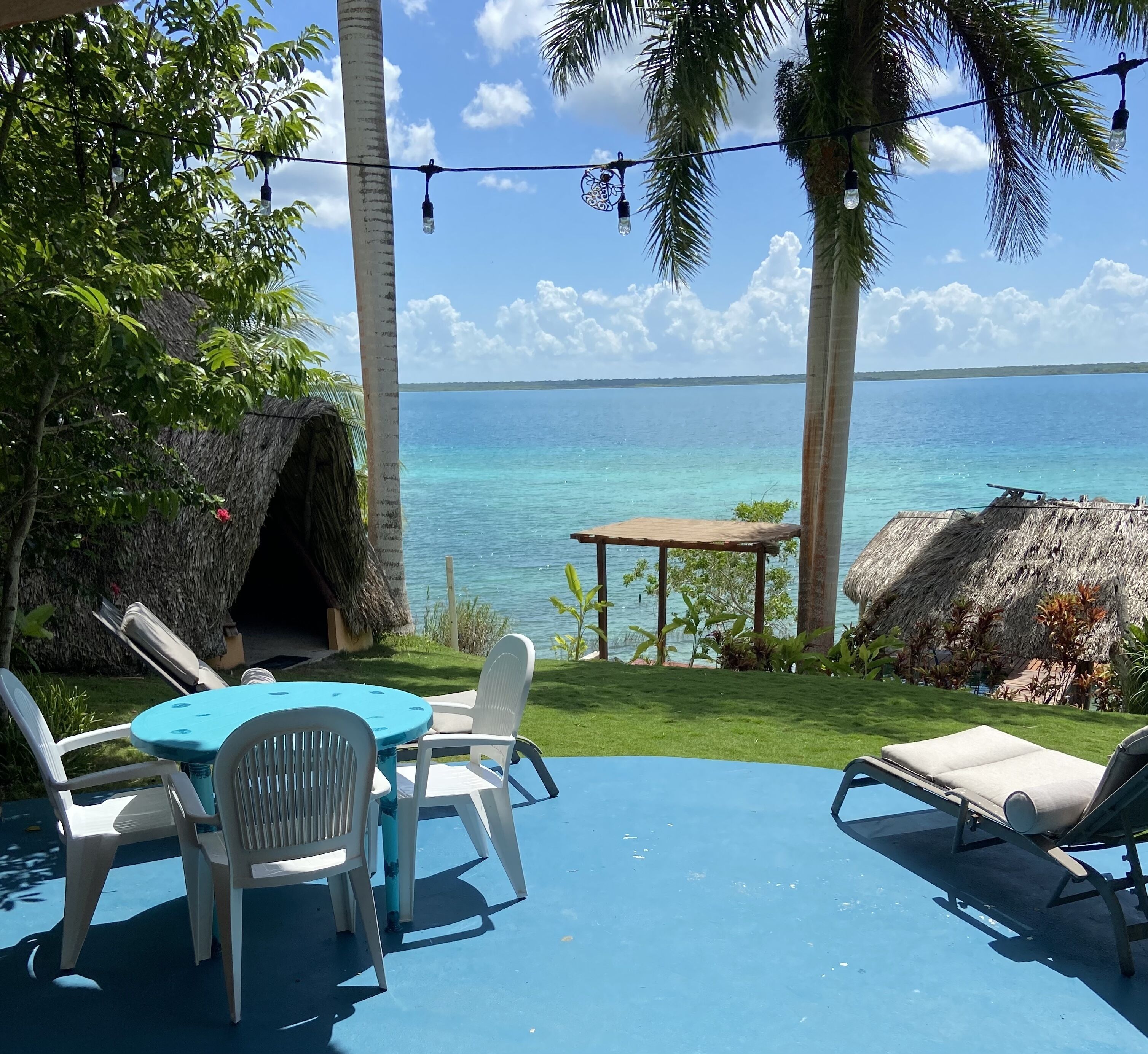 An outdoor seating area with a table and chairs, a thatched-roof structure, and a view of the ocean.