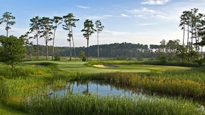 Un parcours de golf avec un étang, des arbres et un ciel dégagé.