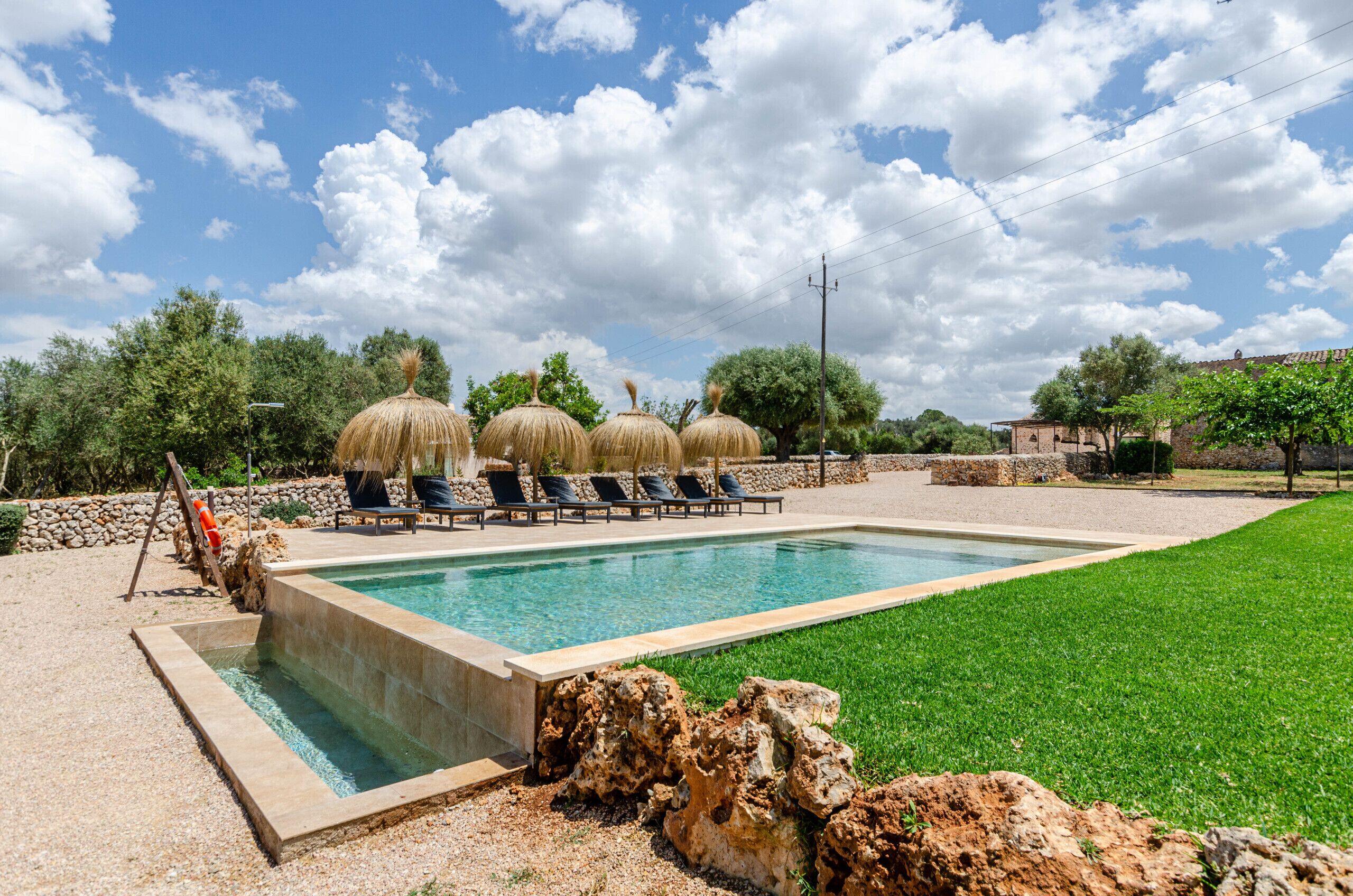 A swimming pool with lounge chairs, a thatched-roof structure, and a stone wall.