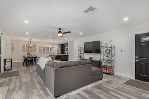 Smart TV, table football, ping pong, music library