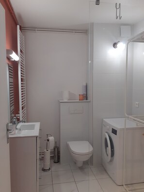 Douche, sèche-cheveux, serviettes fournies, papier toilette