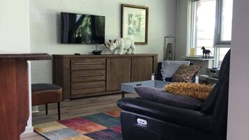 Smart TV, DVD player, books, music library