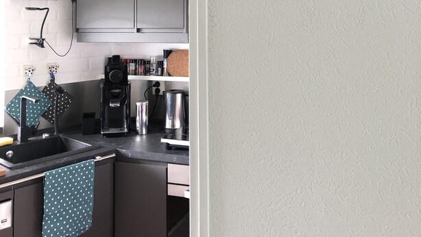 A kitchen with a white ceiling, a clock, a coffee machine, and a plant with yellow fruits. - Discover the diverse province of North Holland (Nieuwe Niedorp)