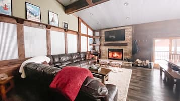 TV connectée, cheminée, livres