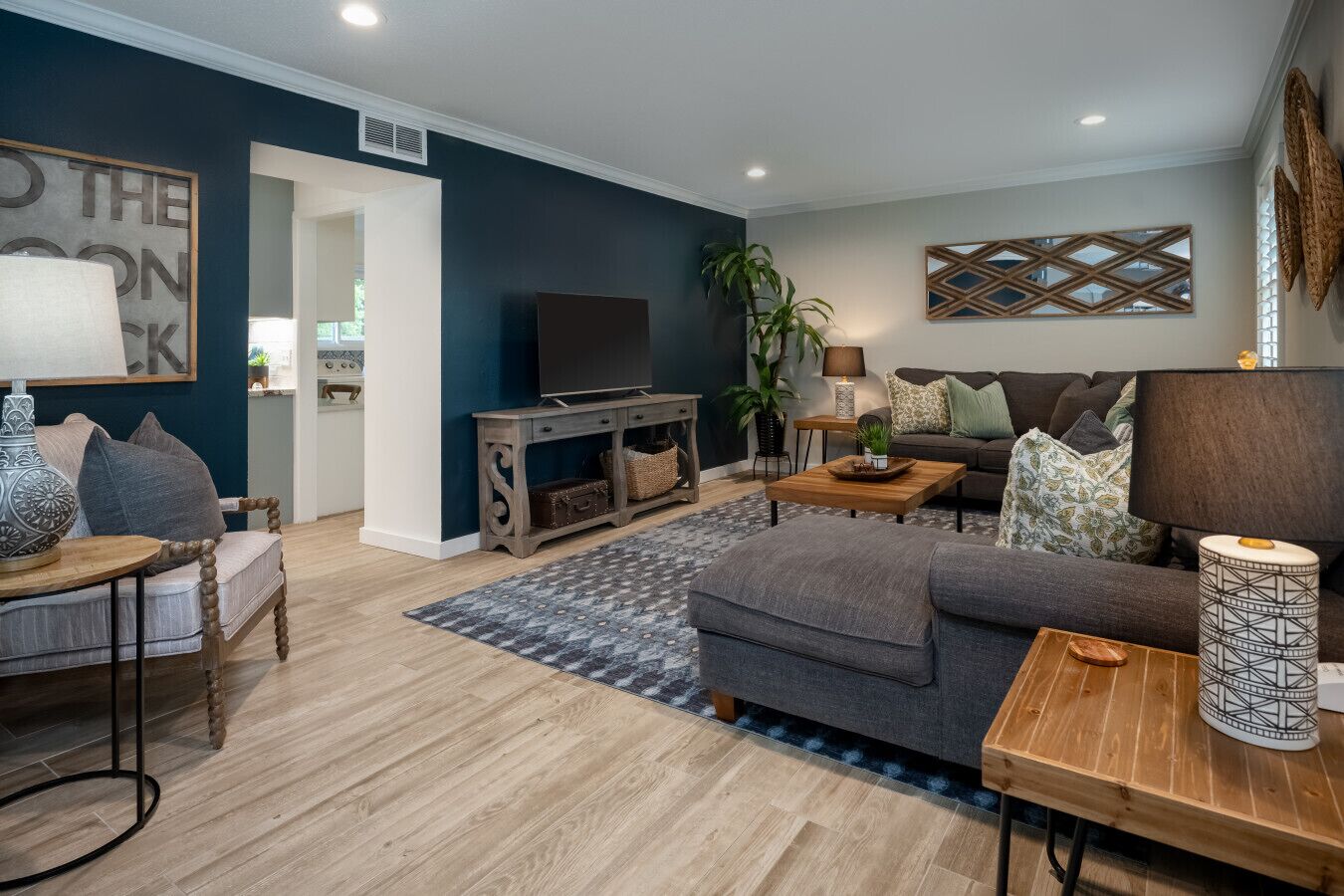 Smart TV, fireplace, books, offices