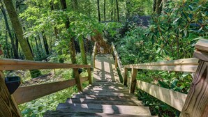 A wooden staircase leading into a forested area with railings on both sides.