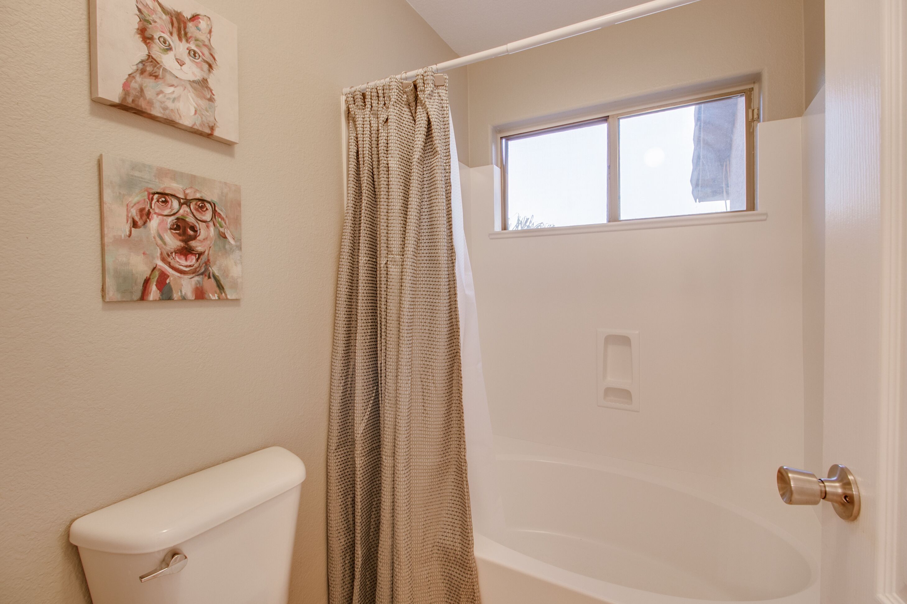 A bathroom with a toilet, a shower curtain, and a window.