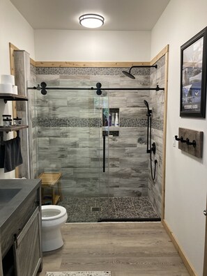 Shower, hair dryer, towels, soap