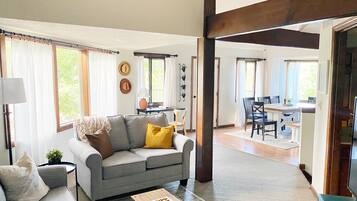 Smart TV, fireplace, books