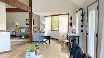 Smart TV, fireplace, books