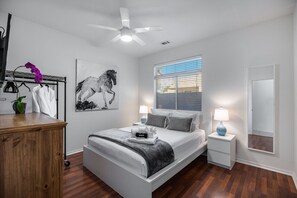 4 bedrooms, desk, iron/ironing board, travel cot