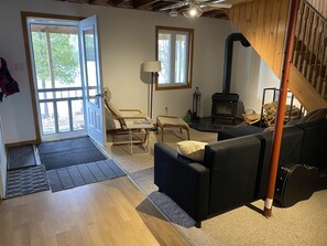 TV connectée, cheminée, livres