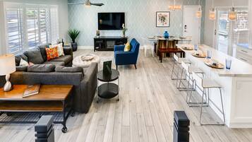 Smart TV, fireplace, books