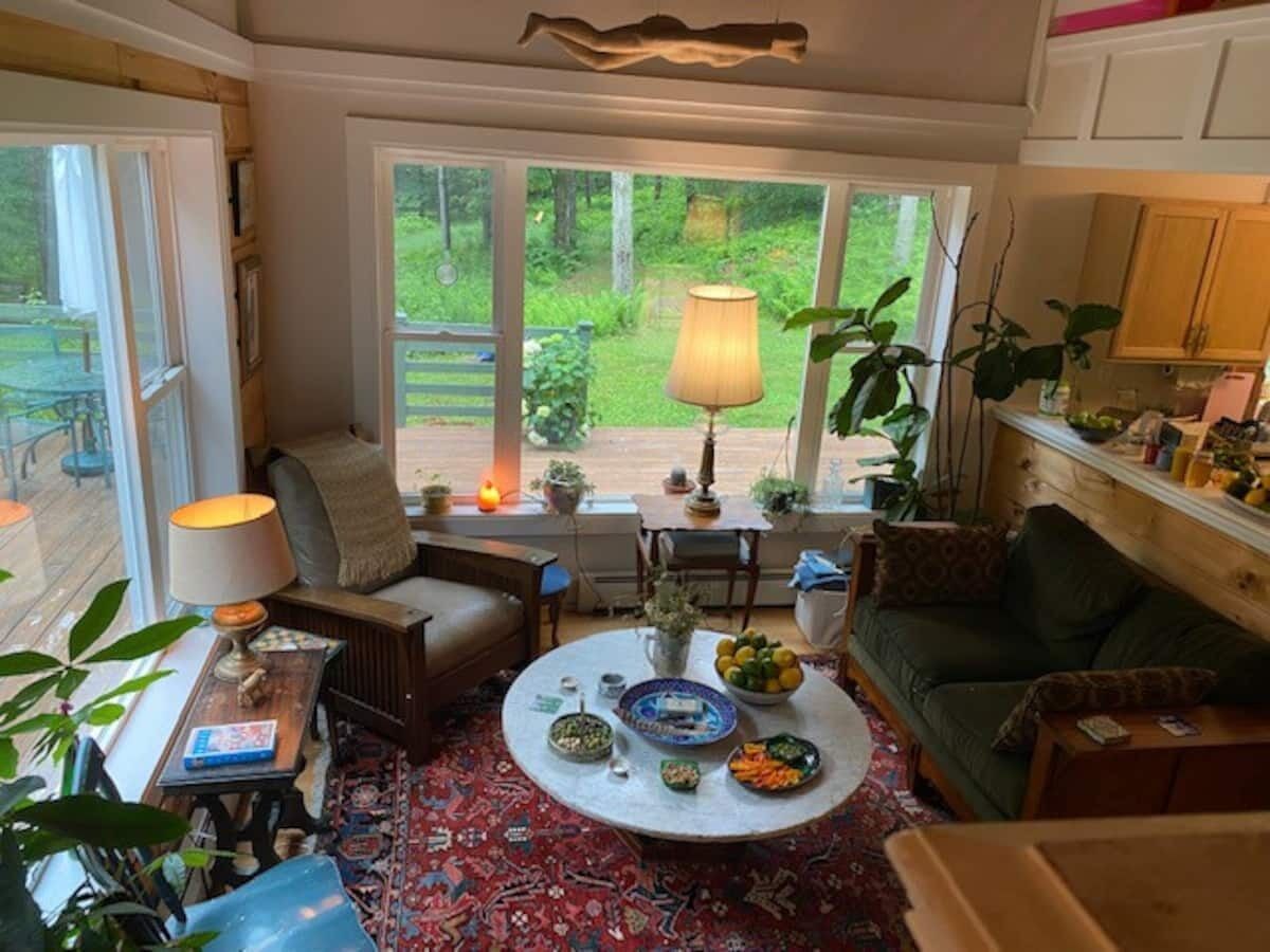 TV, fireplace, books, printers