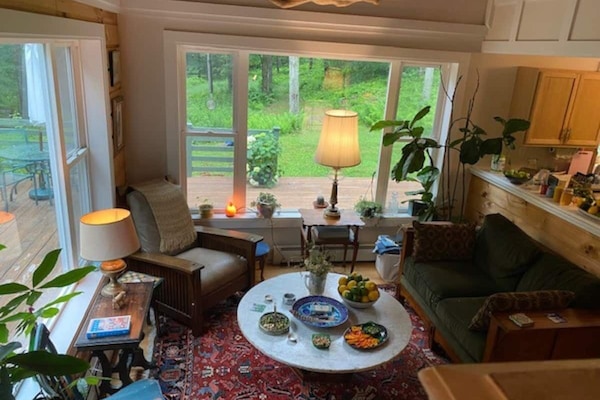 TV, fireplace, books, printers