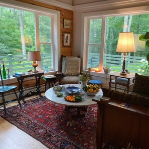 TV, fireplace, books, printers