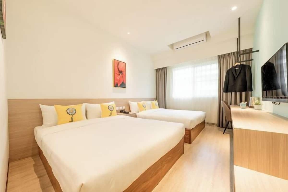 Premium bedding, down duvets, desk, laptop workspace
