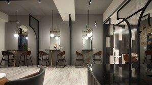 A modern bar area with high stools, pendant lights, and a reflective wall. - Light Year (Ji'an)