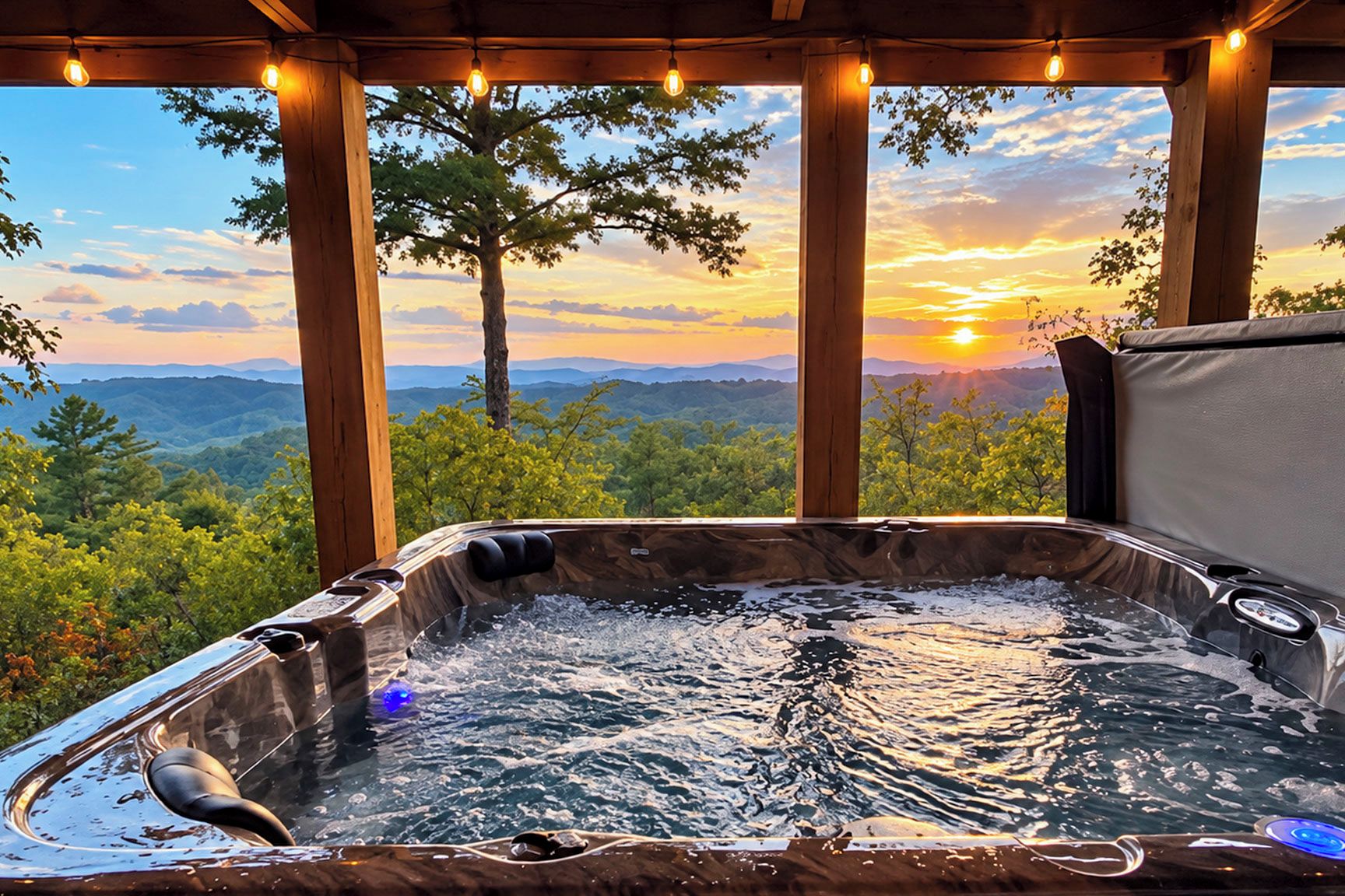 Un jacuzzi con vistas a un atardecer sobre un paisaje montañoso.