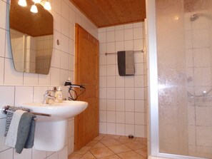 Une salle de bain avec un lavabo, un miroir et une douche.