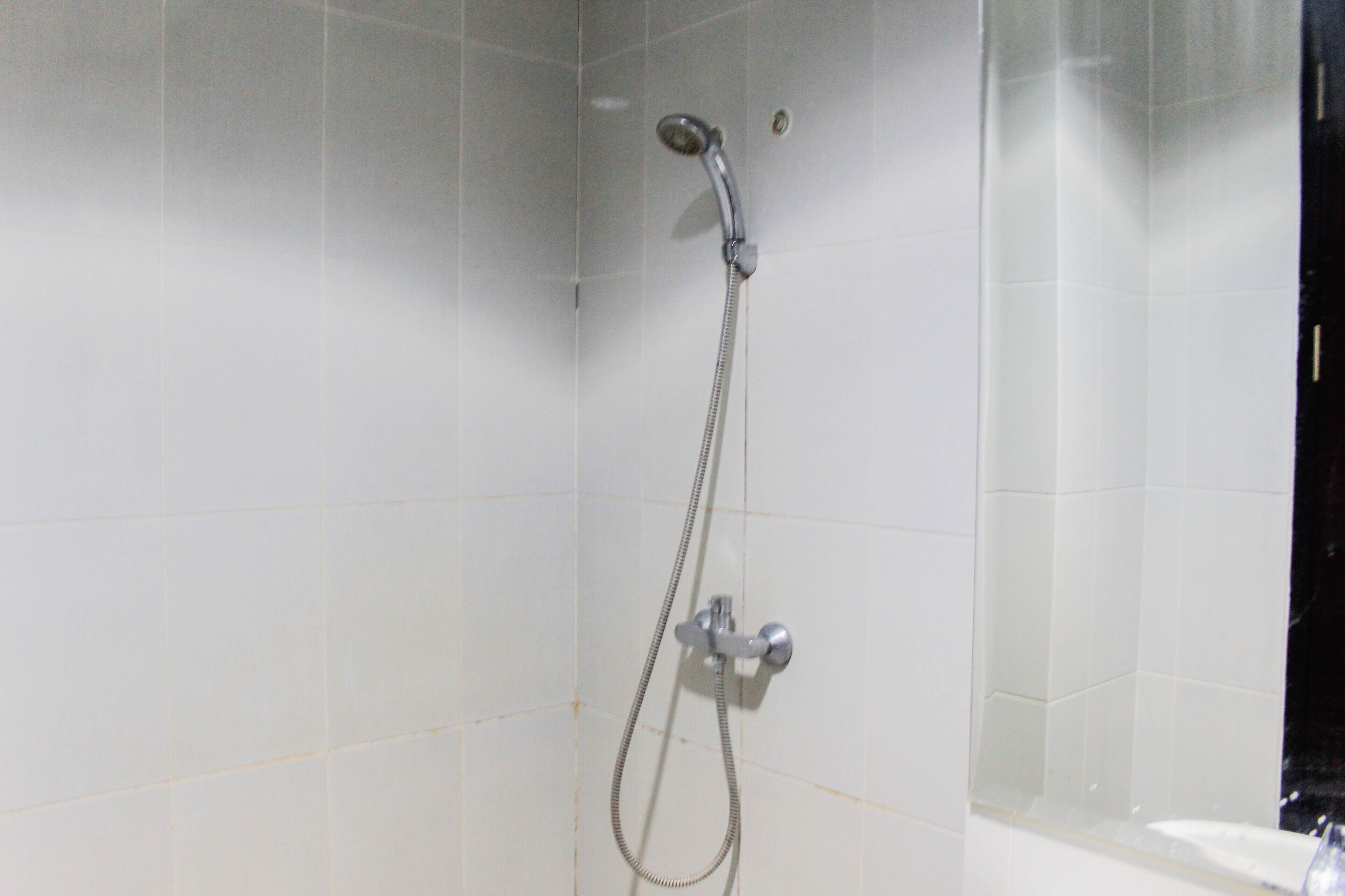 A shower with a handheld showerhead and a wall-mounted faucet.