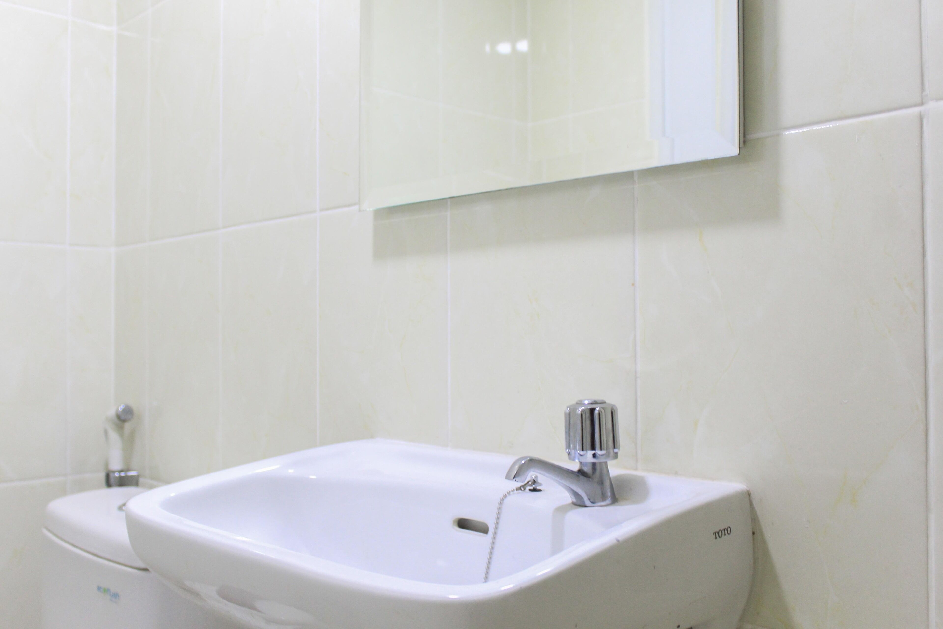 A bathroom with a white sink, a mirror above it, and a toilet to the left.