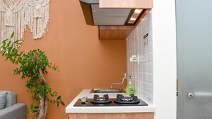 A compact kitchen with a built-in gas stove, a sink, and a potted plant. - 2Br Yotayori Home At Green Pramuka City Apartment (Jakarta)