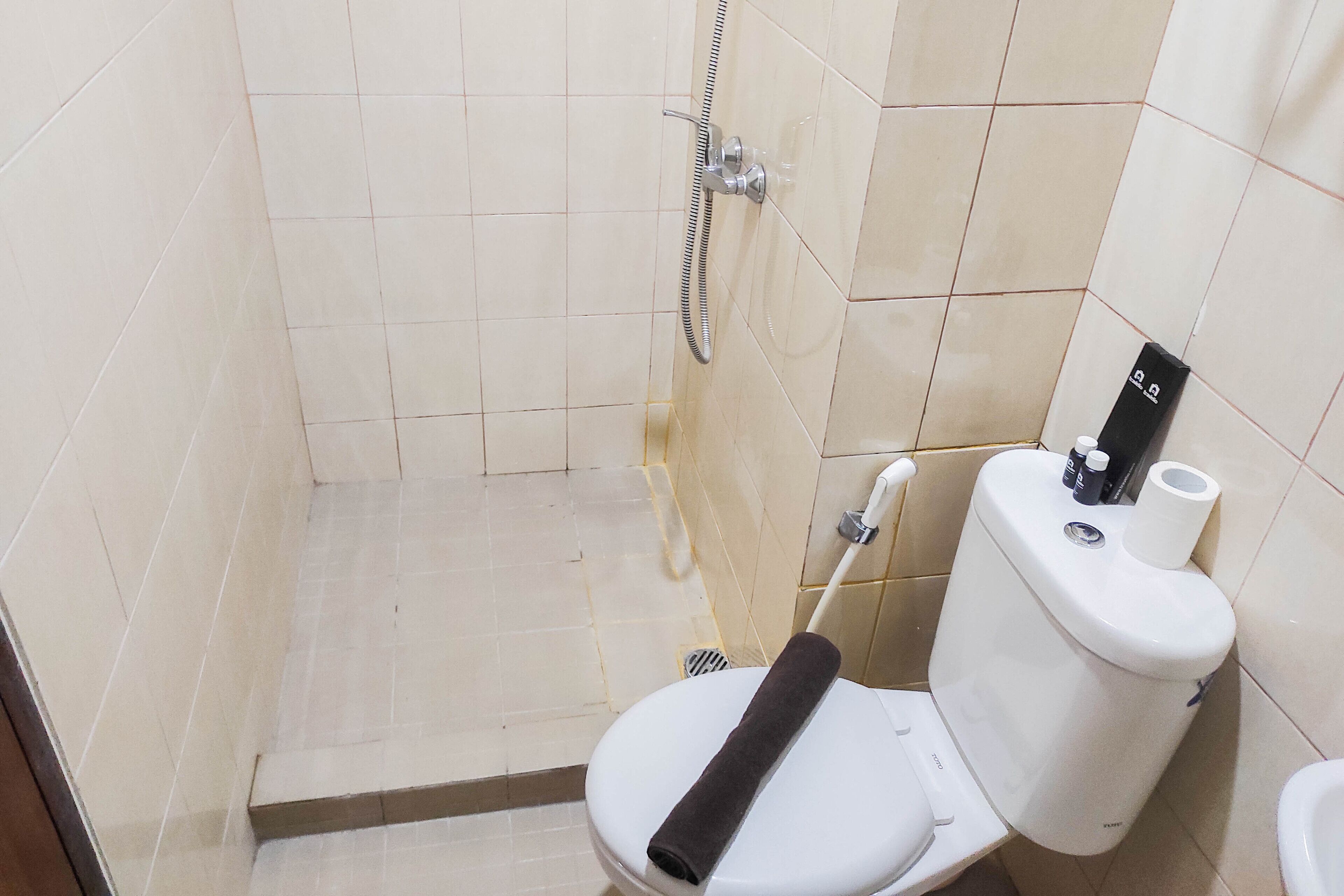 A small bathroom with a toilet, a shower, and a toilet paper holder.
