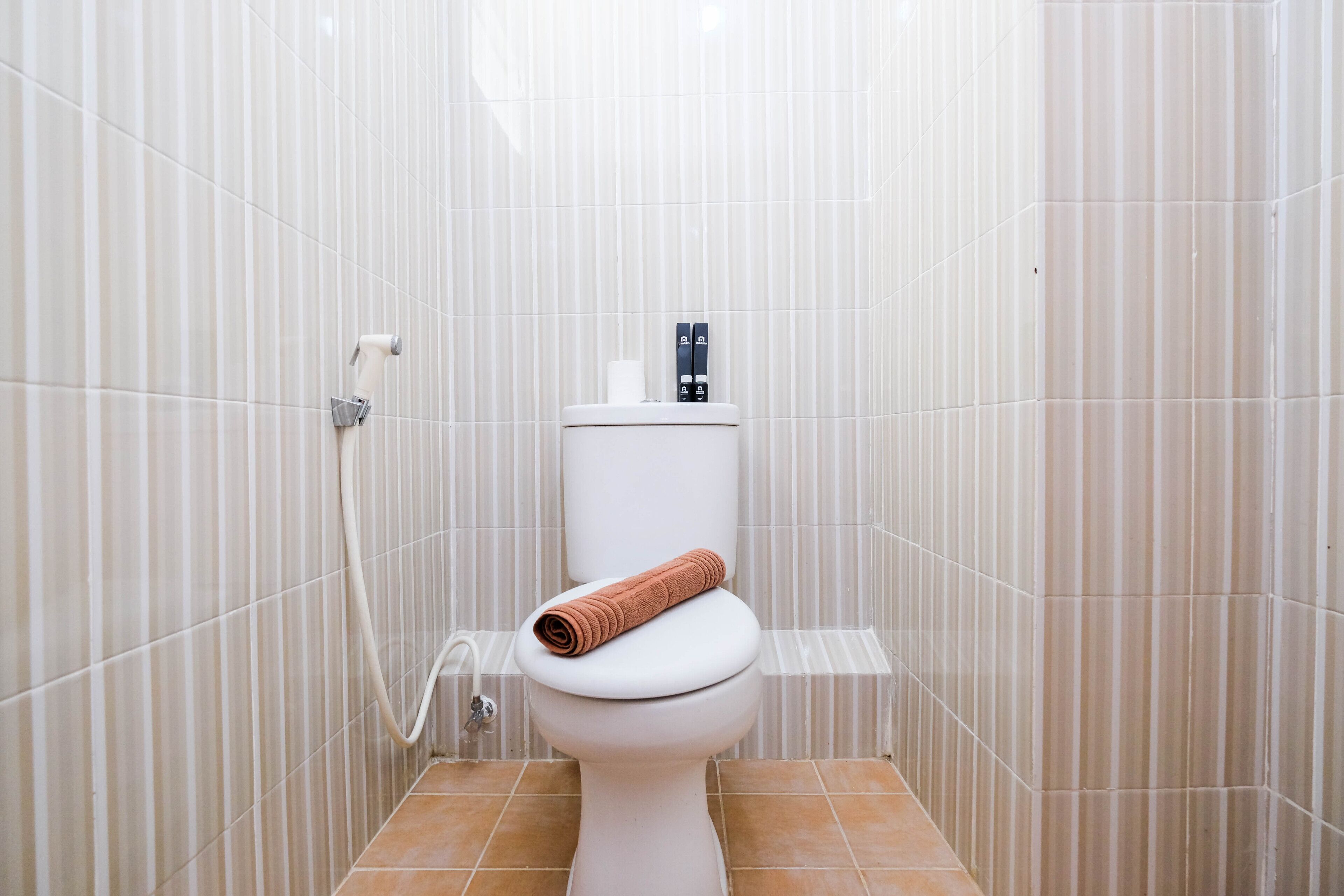 A bathroom with a toilet, a towel, and a toilet paper holder.