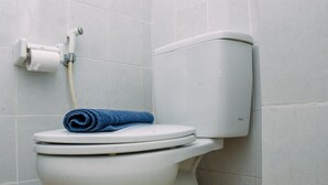 Inodoro con una toalla azul sobre el asiento, un dispensador de papel higiénico y el tanque.