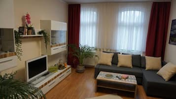 Un saló amb un sofà, una taula de centre, televisió i una planta.