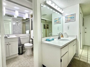 Combined shower/tub, hair dryer